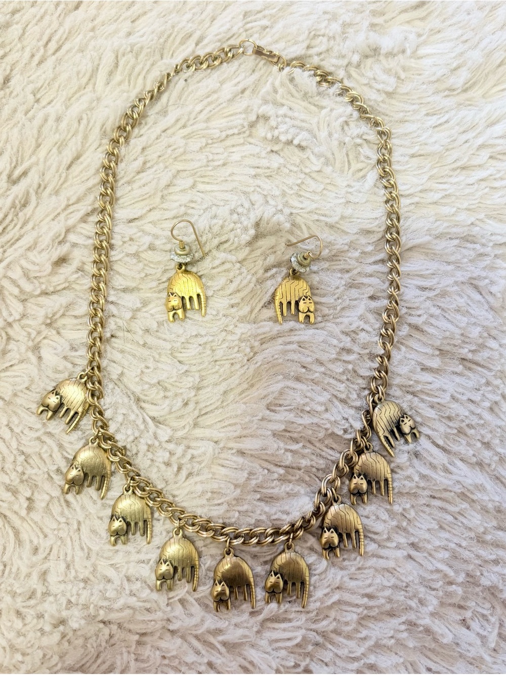 VTG Laurel Burch Gold Cat Charm Necklace Earrings Set Whimsical Boho